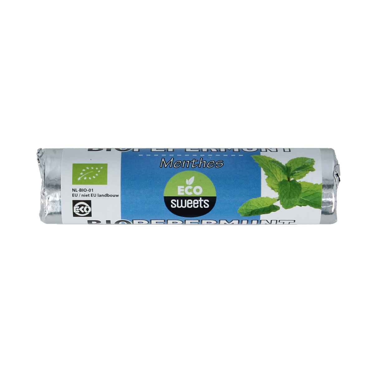 Eco Sweets Pepermuntrolletjes bio, organic peppermint candy rolls in 21g package, natural and refreshing snoepgoed.