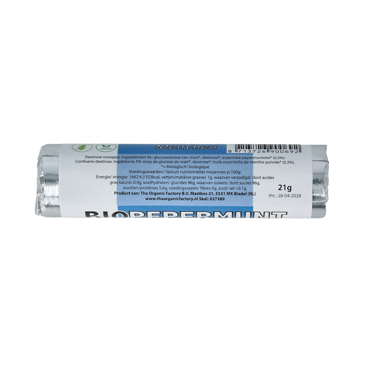 Eco Sweets Pepermuntrolletjes bio candy in 21g package, featuring fresh mint-flavored snoepgoed with natural ingredients.