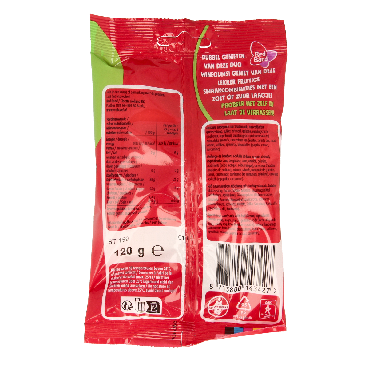 Red Band Winegums duo in red and purple, chewy sour and sweet gummy candies, 120 grams, colorful and appetizing snack.