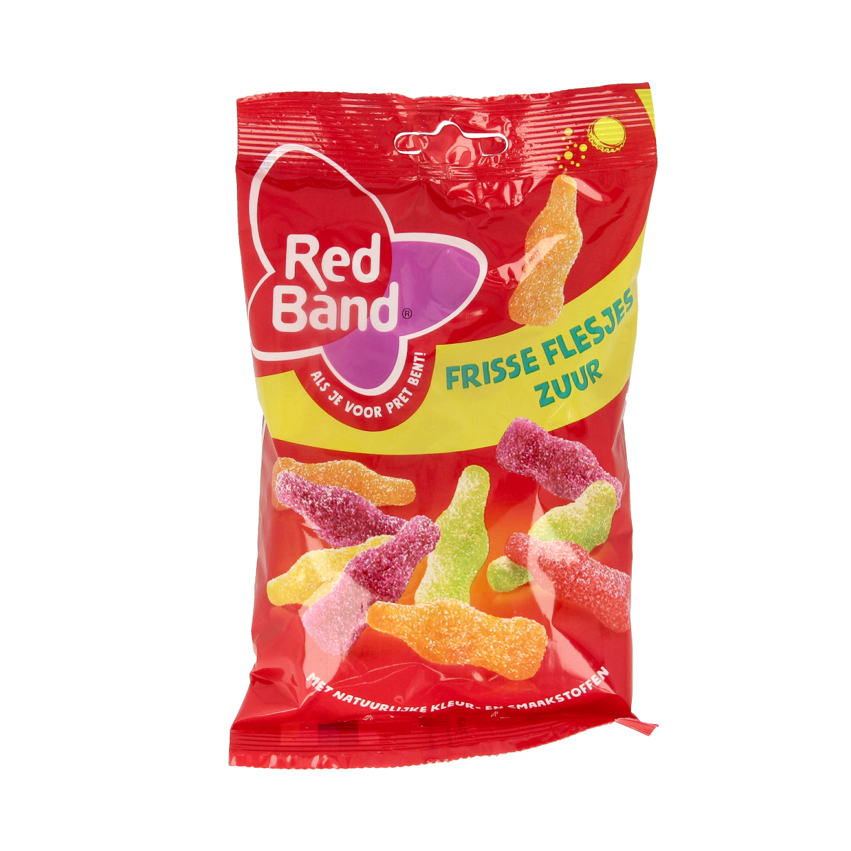 Red Band Frisse flesjes candy, colorful chewy sweets in a 120g package, shown in the image.
