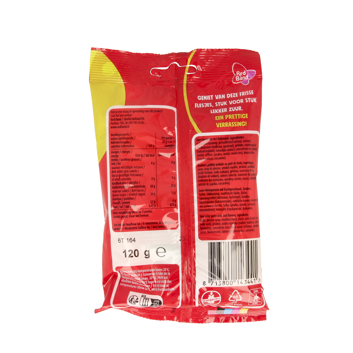 Red Band Frisse flesjes candy in a clear bag, 120 grams, with colorful fruit-flavored chewy sweets visible.