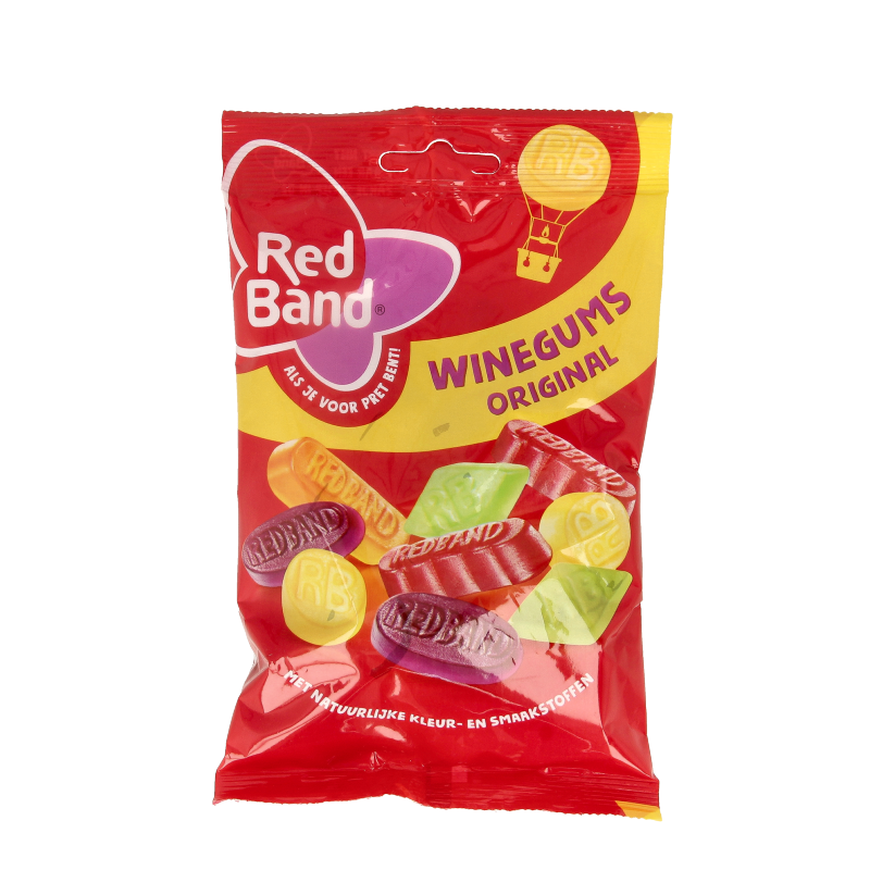 Red Band winegums in a 120 gram pack, colorful chewy snoepgoed with fruity flavors, shown in the image.