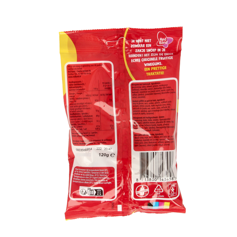 Red Band winegums in a 120-gram package, colorful chewy fruit candies from the Red Band brand.