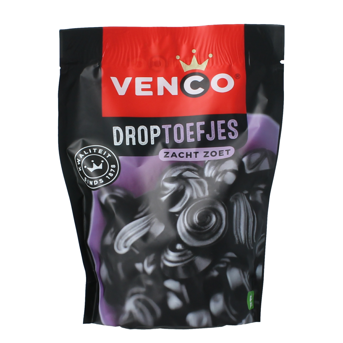 Venco Droptoefjes snoepgoed in 235g bag, colorful chewy candies displayed in a clear container.