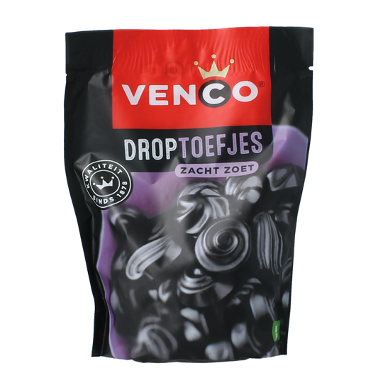 Venco Droptoefjes snoepgoed in 235g bag, colorful chewy candies displayed in a clear container.