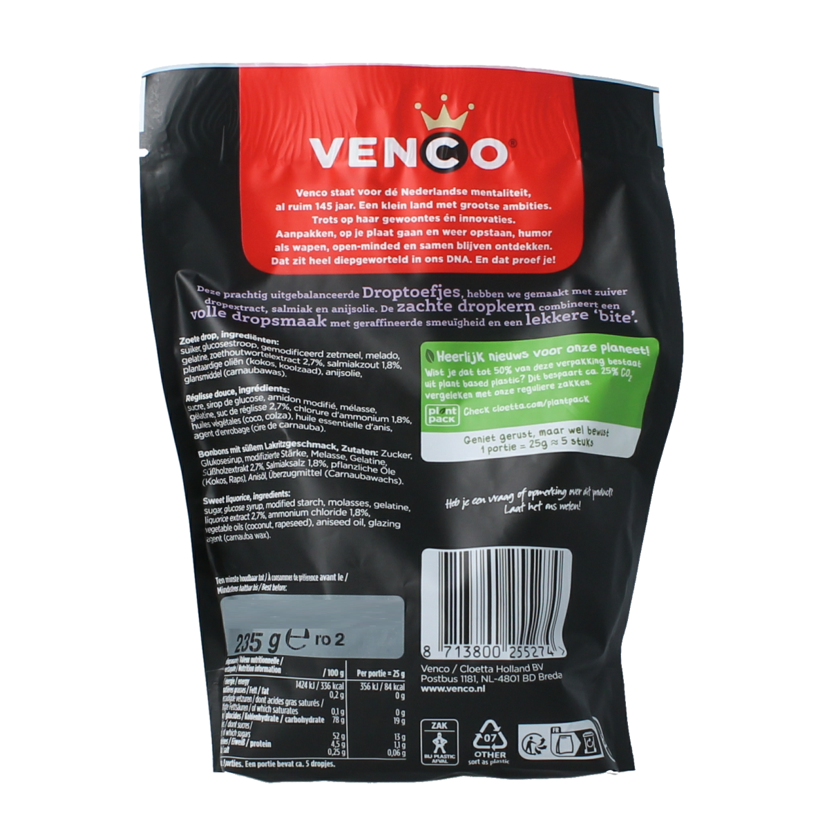 Venco Droptoefjes snoepgoed in 235g packaging, colorful assorted candies from the Venco brand.
