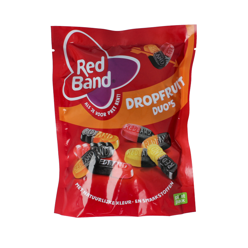Red Band Dropfruit duo snoepgoed in 245g package, colorful fruit-flavored candy pieces in a clear bag.