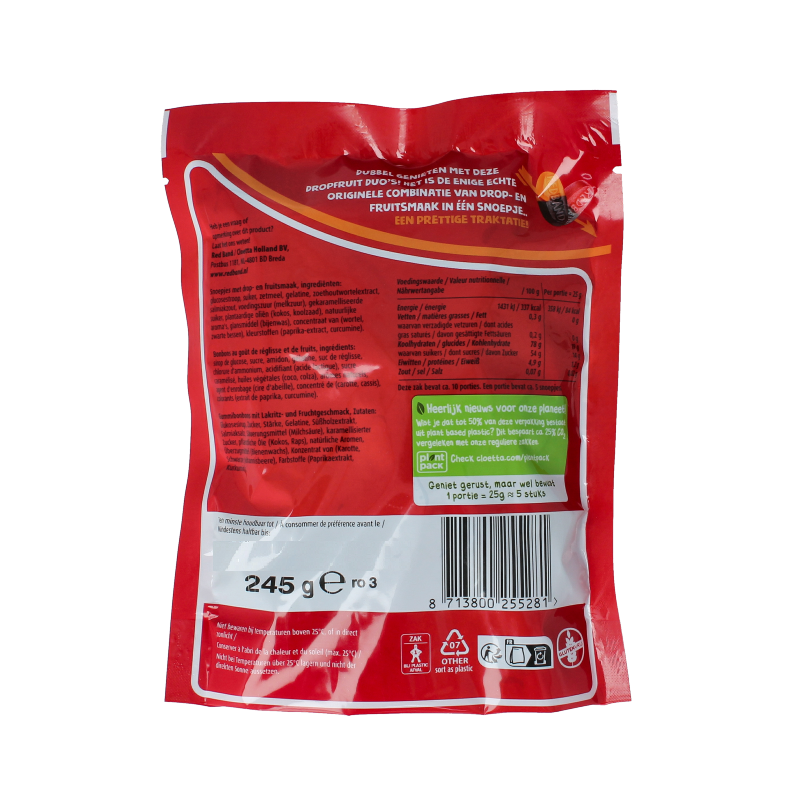 Red Band Dropfruit duo candy package, 245 grams of colorful gummy fruit-flavored sweets from Red Band.