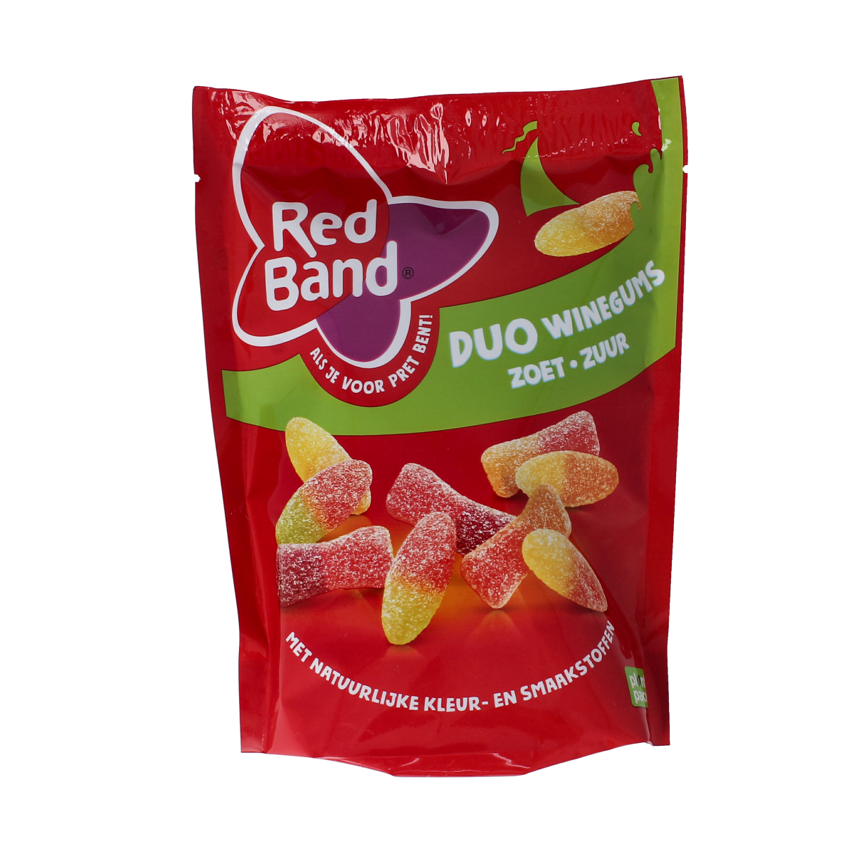 Red Band winegums duo in red and green, chewy snoepgoed with sweet and sour flavors, 215 grams.