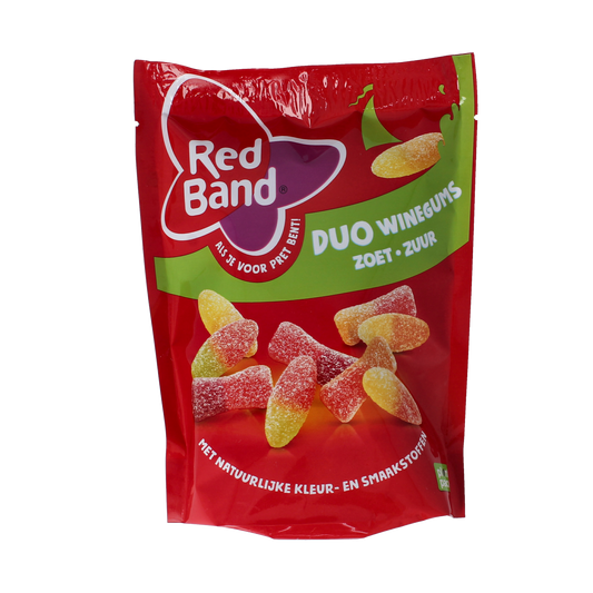 Red Band winegums duo in red and green, chewy snoepgoed with sweet and sour flavors, 215 grams.