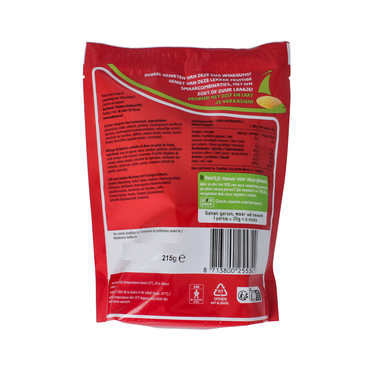 Red Band Winegums duo in 215g package, colorful chewy snoepgoed with sweet and sour flavors, shown in the image.