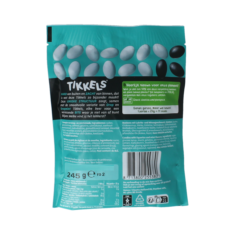 Venco Dropmint snoepgoed in 245g package, featuring mint-flavored drops with a glossy, blue-green appearance.