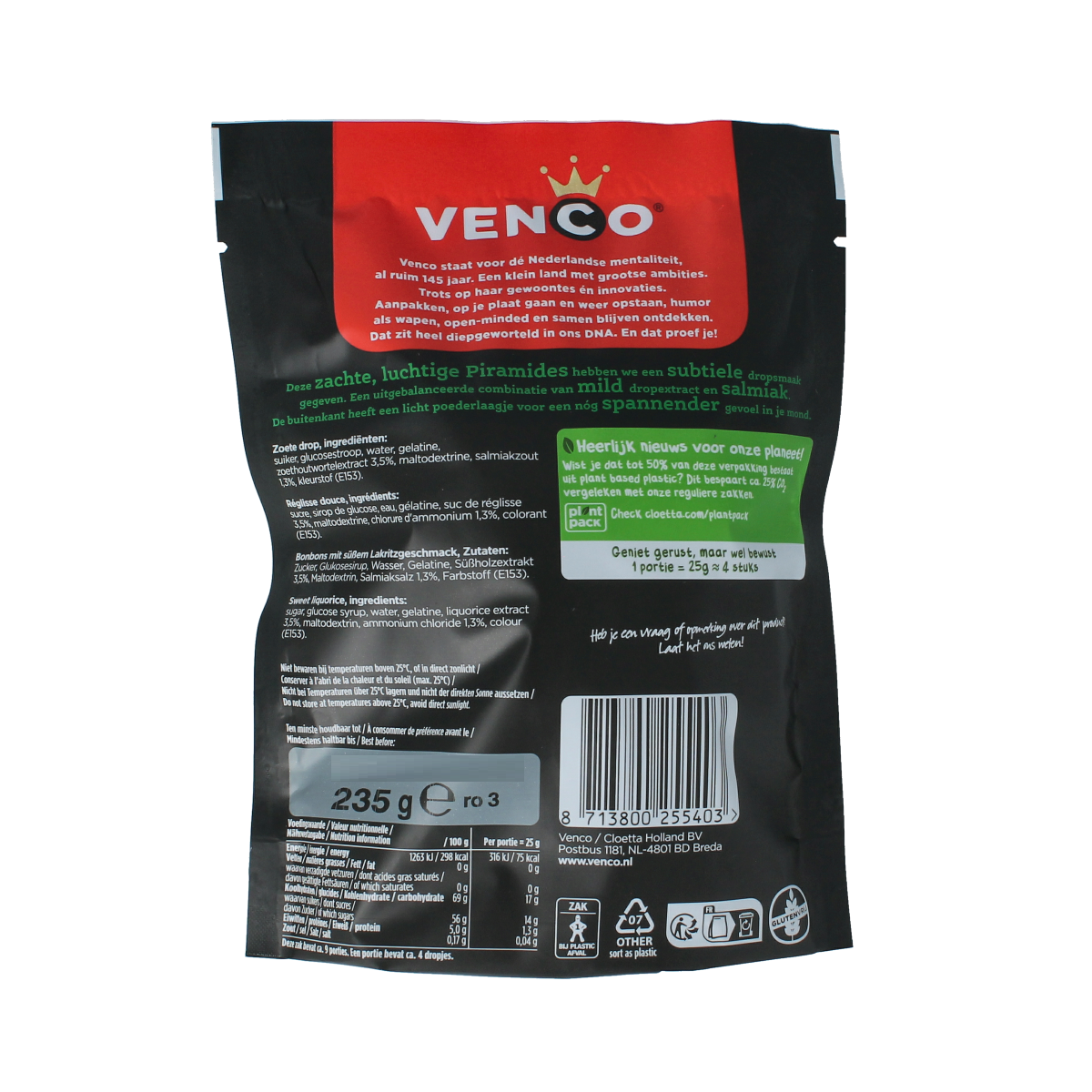 Venco Piramides snoepgoed in 235g package, colorful pyramid-shaped candies with vibrant layers and fruity flavors.