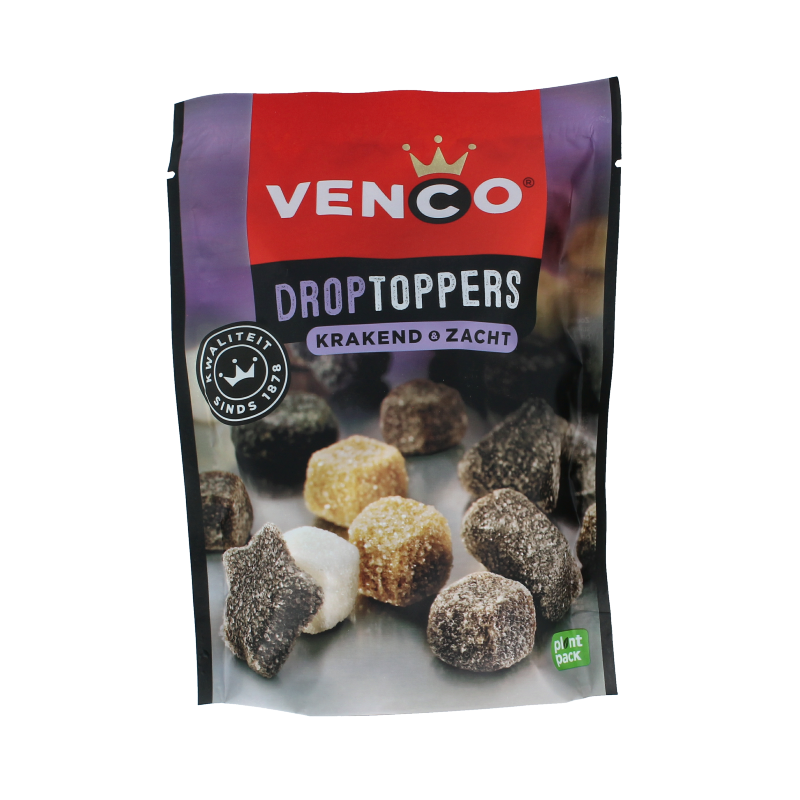 Venco Droptoppers krakend en zacht snoepgoed in 215 gram, colorful candies with crunchy and soft textures.