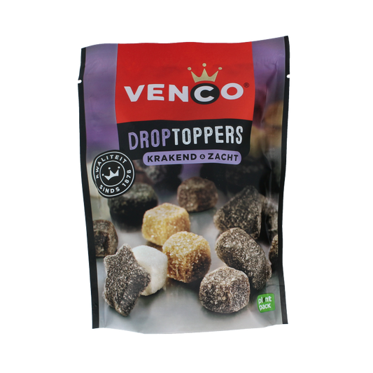 Venco Droptoppers krakend en zacht snoepgoed in 215 gram, colorful candies with crunchy and soft textures.