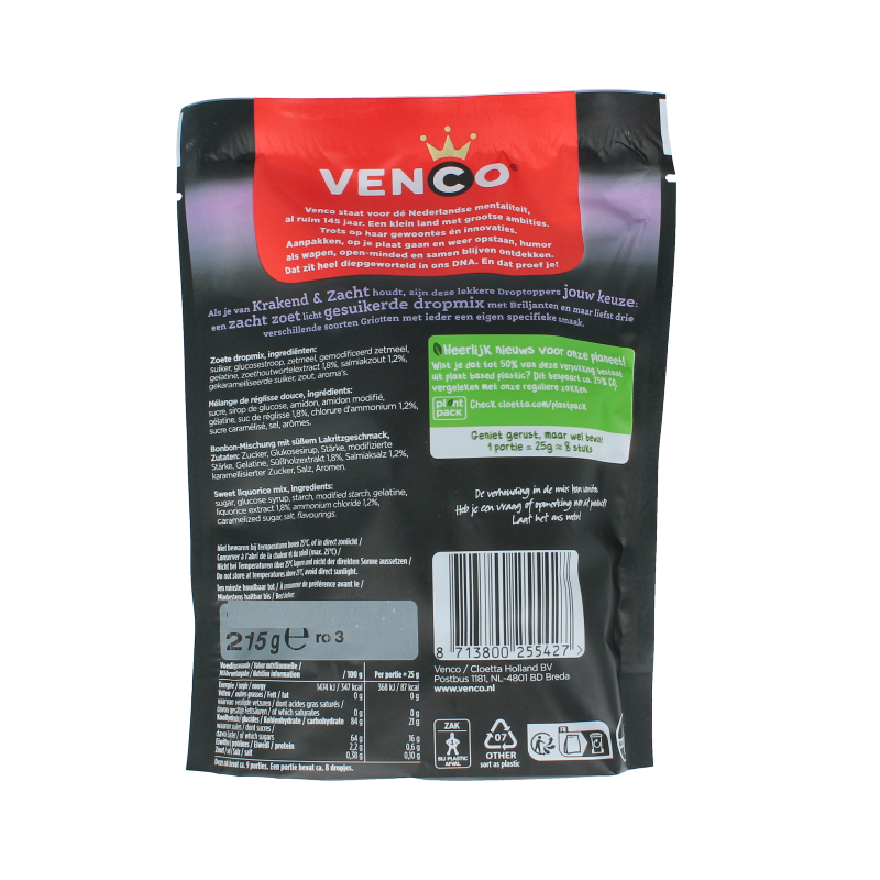 Venco Droptoppers krakend en zacht snoepgoed in 215 gram, colorful candies with crunchy and soft textures.
