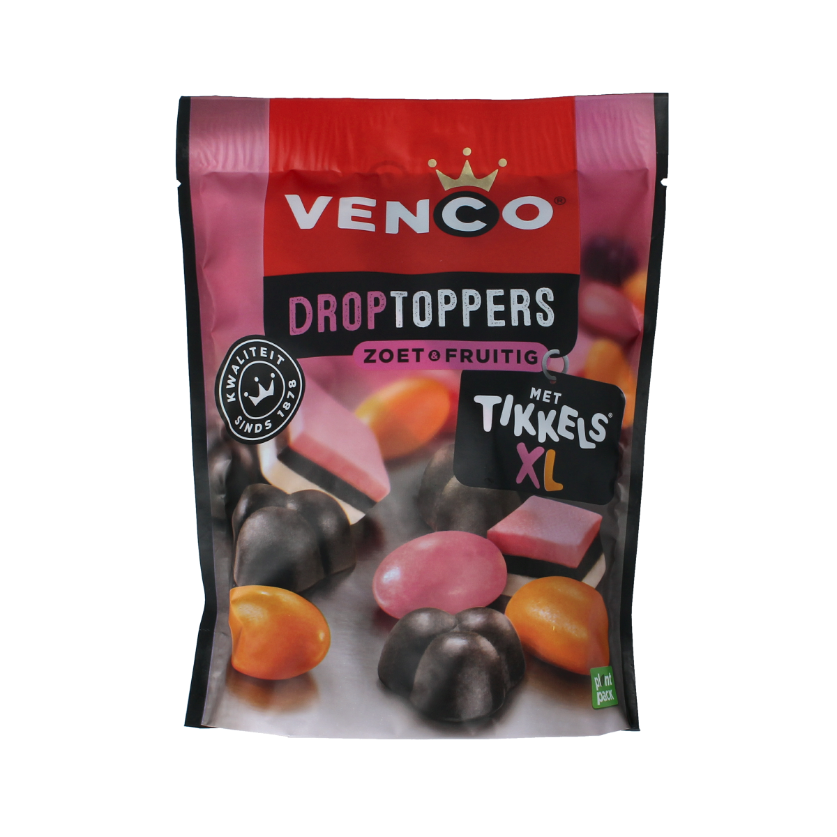 Venco Droptoppers fruitig snoepgoed in 225g bag, colorful fruit-flavored candy pieces on a white background.
