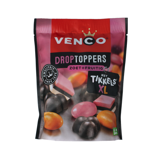 Venco Droptoppers fruitig snoepgoed in 225g bag, colorful fruit-flavored candy pieces on a white background.
