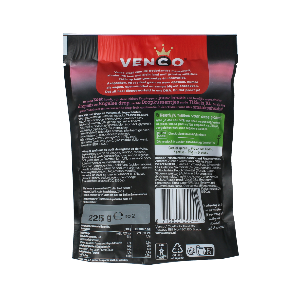 Venco Droptoppers fruitig snoepgoed in 225g bag, colorful chewy candies with fruity flavors and soft texture.
