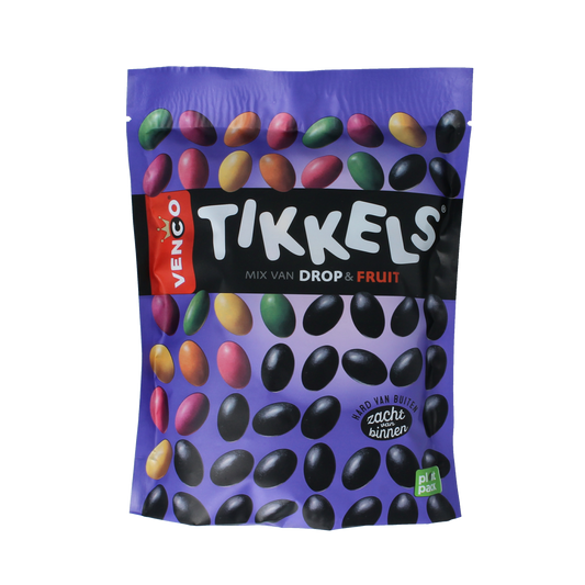 Venco Tikkels drop and fruit snoepgoed in 245g package, colorful candies with fruit flavors and chewy texture.