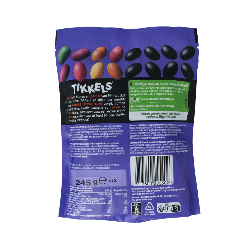 Venco Tikkels drop and fruit candies in a 245g package, colorful chewy sweets with fruit flavors and soft texture.