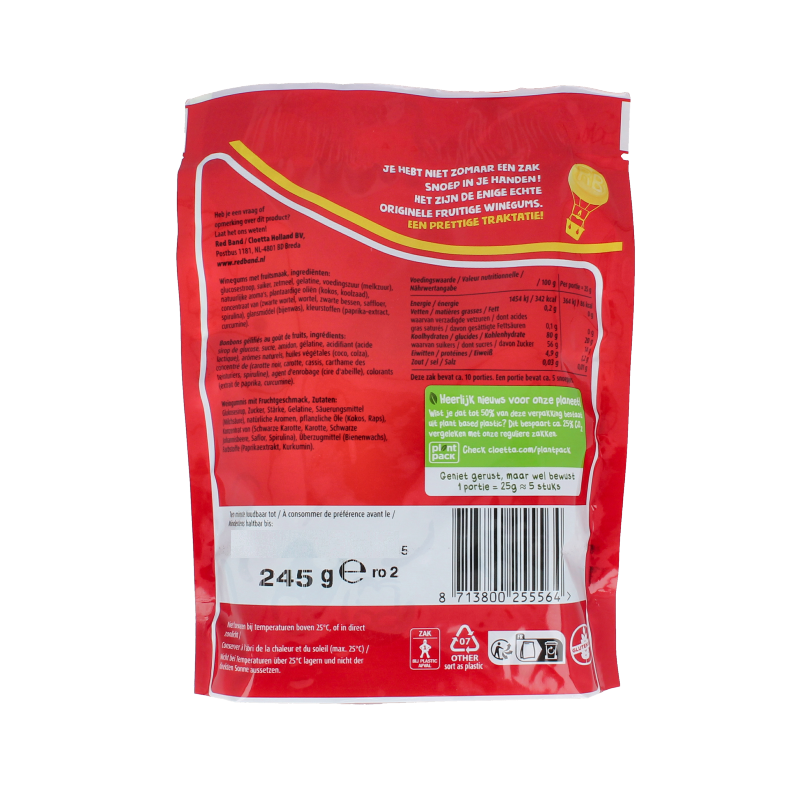 Red Band Winegummix candy package, 245 grams, with colorful winegum candies visible in a clear bag.