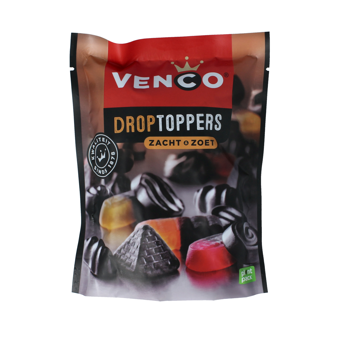 Venco Droptoppers zacht zoet snoepgoed in 225g bag, colorful soft chewy candies with fruity flavors.