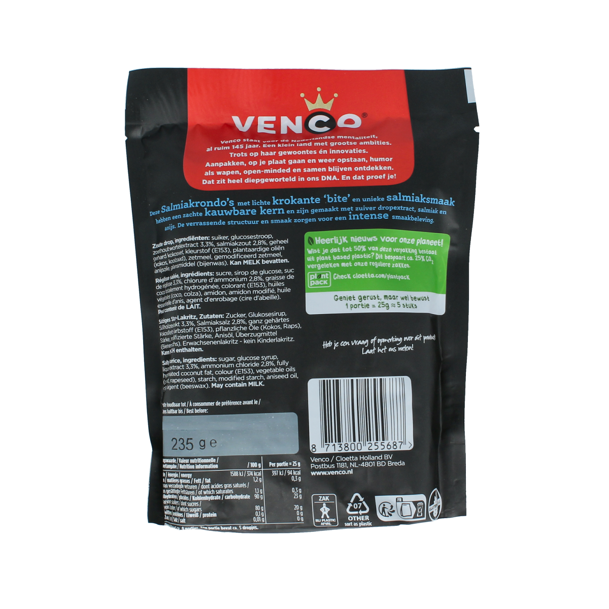 Venco Salmiak Rondo candy, salty licorice sweets in a 235g package, featuring black, round licorice pieces.