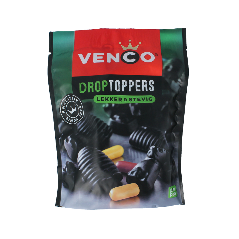 Venco Droptoppers lekker stevig candy in 225 gram package, colorful chewy snoepgoed with fruity flavors.