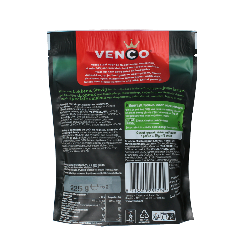 Venco Droptoppers lekker stevig candy in 225g package, colorful chewy sweets from the Venco snoepgoed collection.