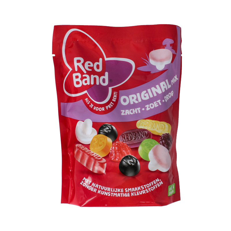 Red Band Snoepmix original 235g, colorful assortment of assorted chewy and fruity candies in a clear bag.