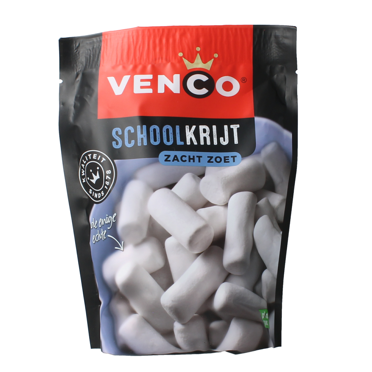 Venco Schoolkrijt snoepgoed in 235g package, colorful chalk-shaped candy with vibrant stripes.