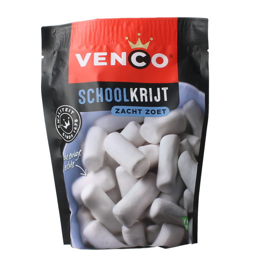 Venco Schoolkrijt snoepgoed in 235g package, colorful chalk-shaped candy with vibrant stripes.