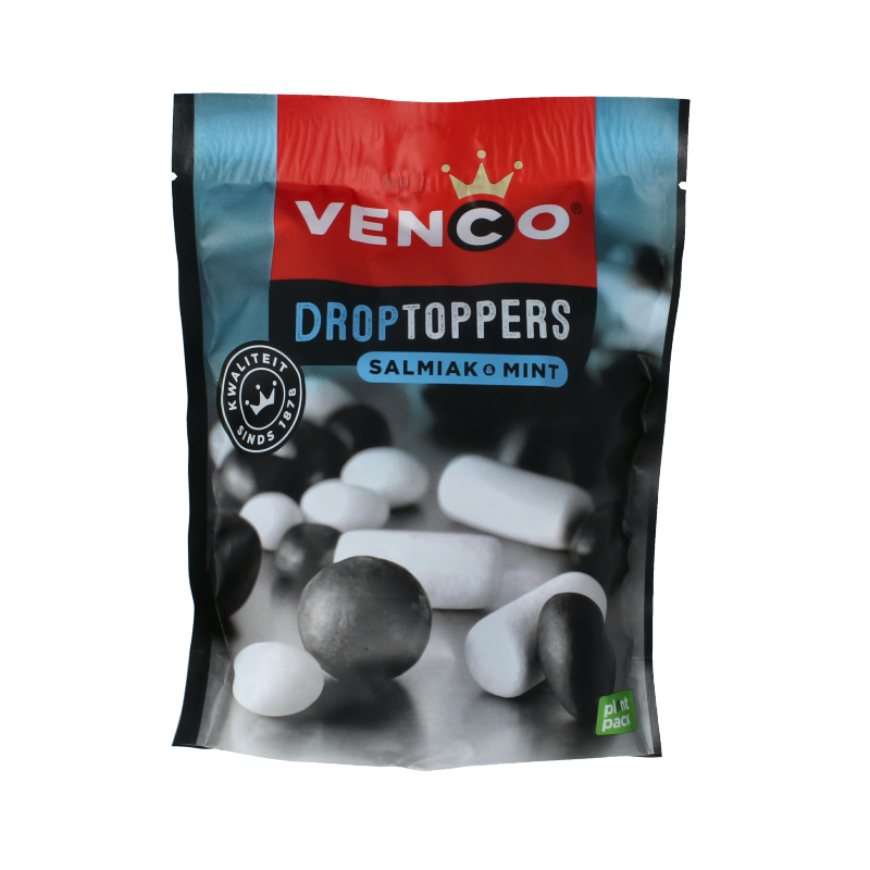 Venco Droptoppers salmiak mint candies in 225g package, showing the black and white salted licorice mints.