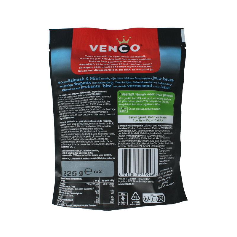Venco Droptoppers salmiak mint candies in 225g package, featuring black licorice and mint flavors, displayed in a clear bowl