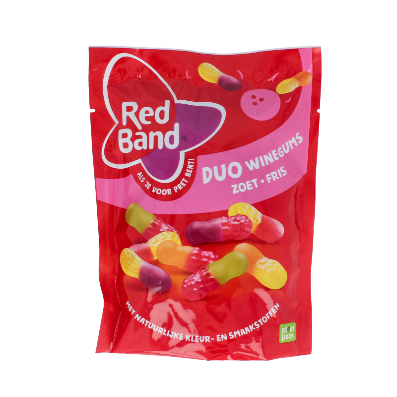 Red Band Winegums duo, colorful chewy snoepgoed in a 215g package, with vibrant red and other fruit flavors.