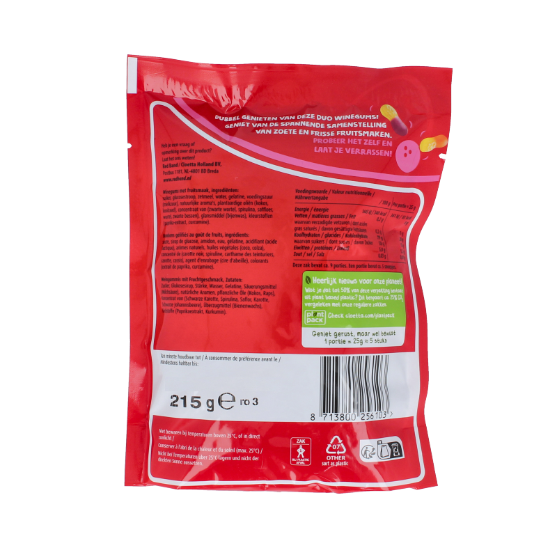 Red Band Winegums duo in red and purple colors, soft chewy candy packaging, 215 grams of fruity snoepgoed.