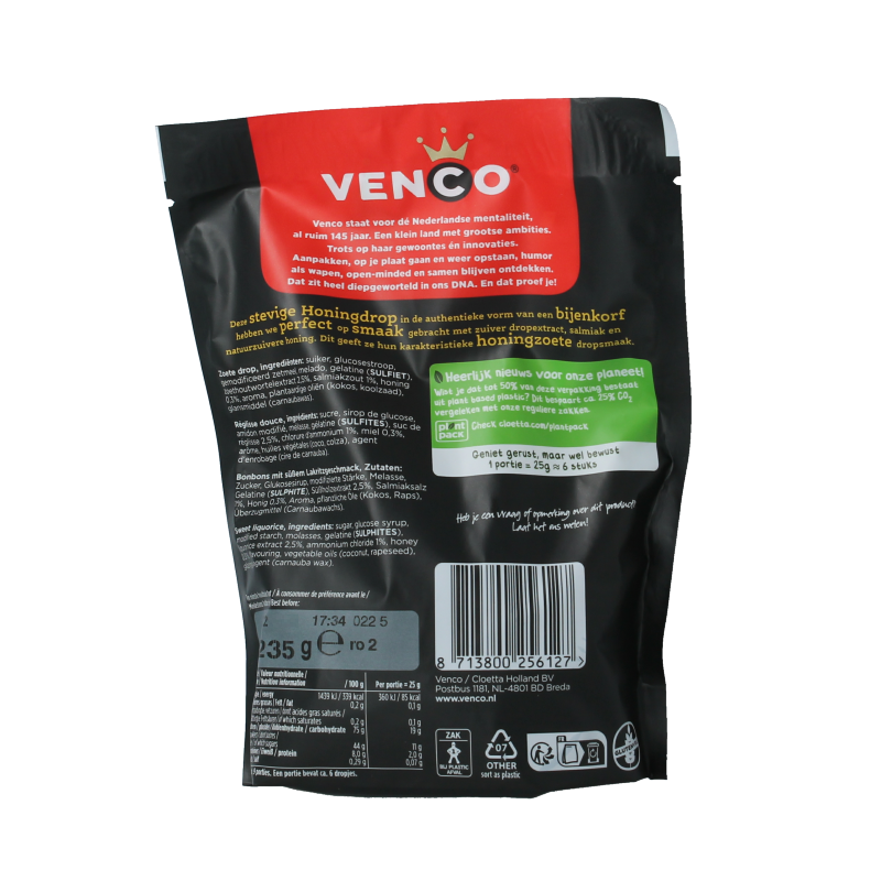 Venco Honingdrop snoepgoed in 235 gram package, golden honey-flavored candy with a glossy appearance.