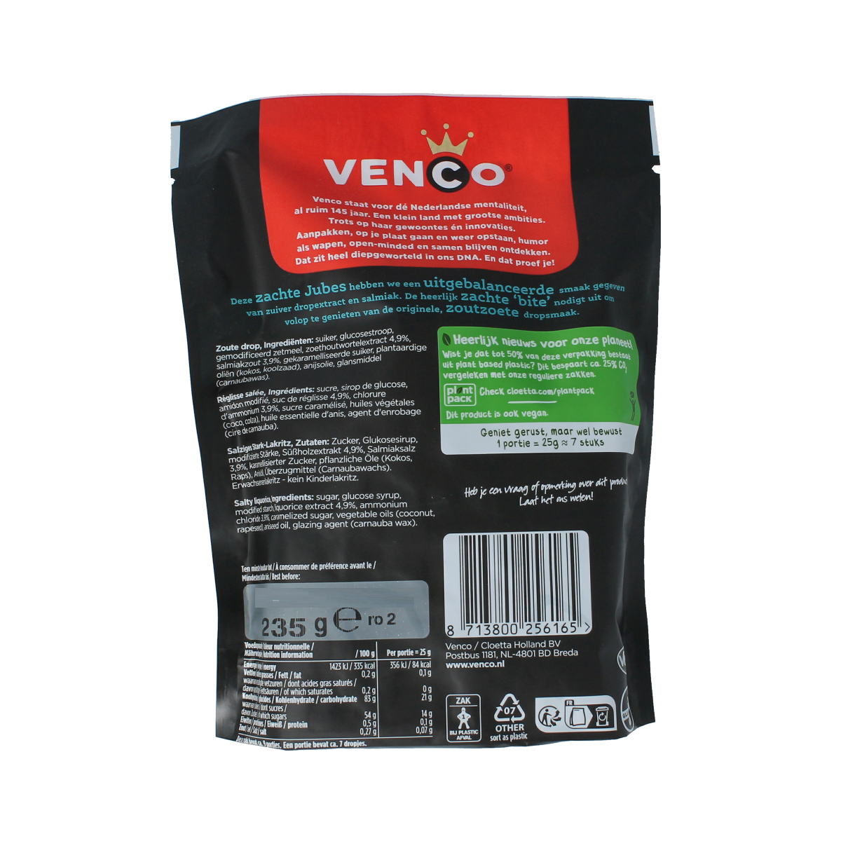 Venco Jubes zacht zout snoepgoed in 235g package, colorful chewy candies with salty flavor, shown in the image.