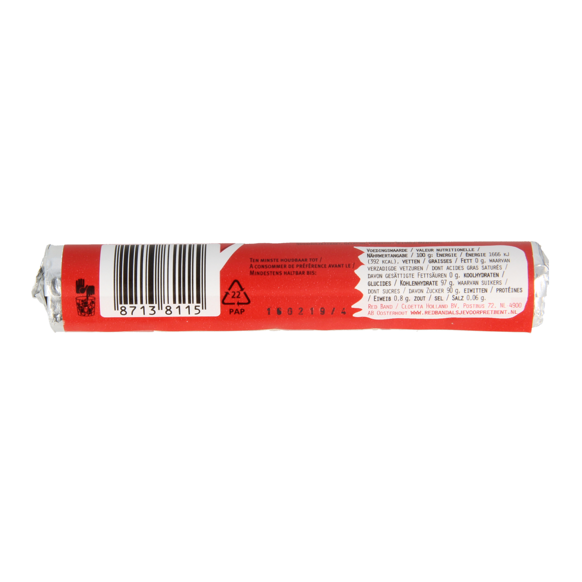 Red Band Red Band Stophoest 1.00 Rol, colorful gummy candy roll with red, yellow, and green pieces, ideal for snacking