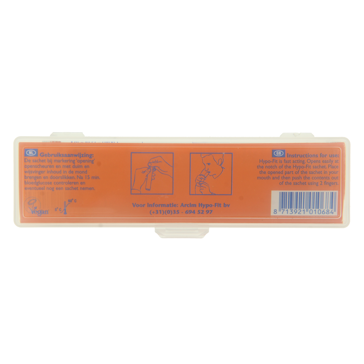 Hypio-Fit Brilbox sinaasappel direct energy sachets, sugar and sweetener product in orange flavor packaging.