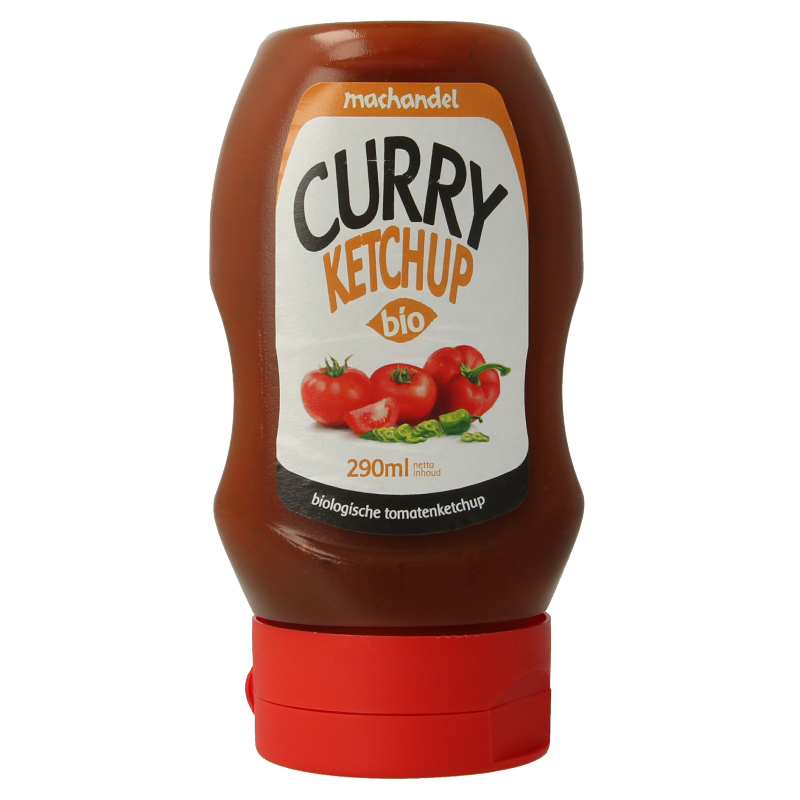 Organic Machandel Curry Ketchup in a 290g bottle, featuring rich curry flavor and vibrant sauce for dishes and snacks.