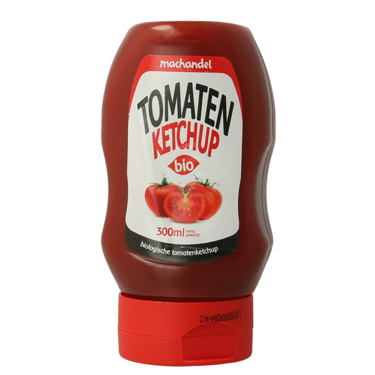 Machandel bio ketchup in a 300ml bottle, showing the label and cap, part of the Sauzen en Smaakmakers product range.