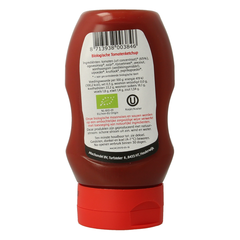 Bottle of Machandel bio ketchup, 300ml, in a clear container with a red label, part of the Sauzen en Smaakmakers collection.