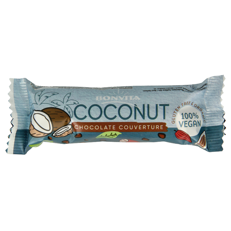 Bonvita Bonbarr choco cocosbar melk, a 40g organic chocolate bar with coconut, shown in the image.