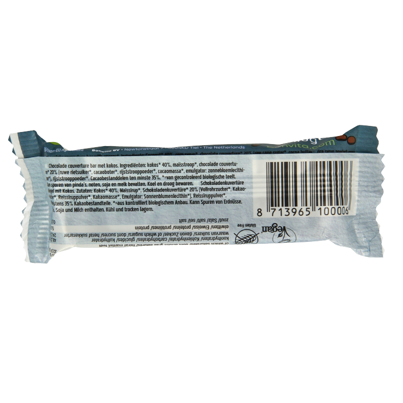 Bonvita Bonbarr choco cocosbar melk bio, a 40g chocolate bar with coconut flavor, natural and organic ingredients.