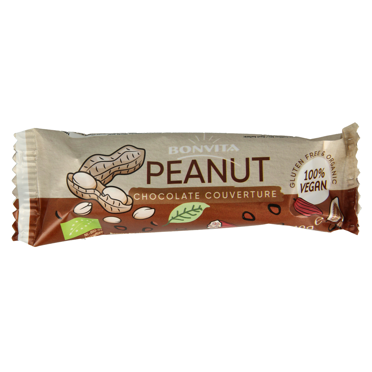 Bonvita Bonbarr choco peanut bar bio, 40g, featuring a chocolate and peanut snack with eco-friendly ingredients.