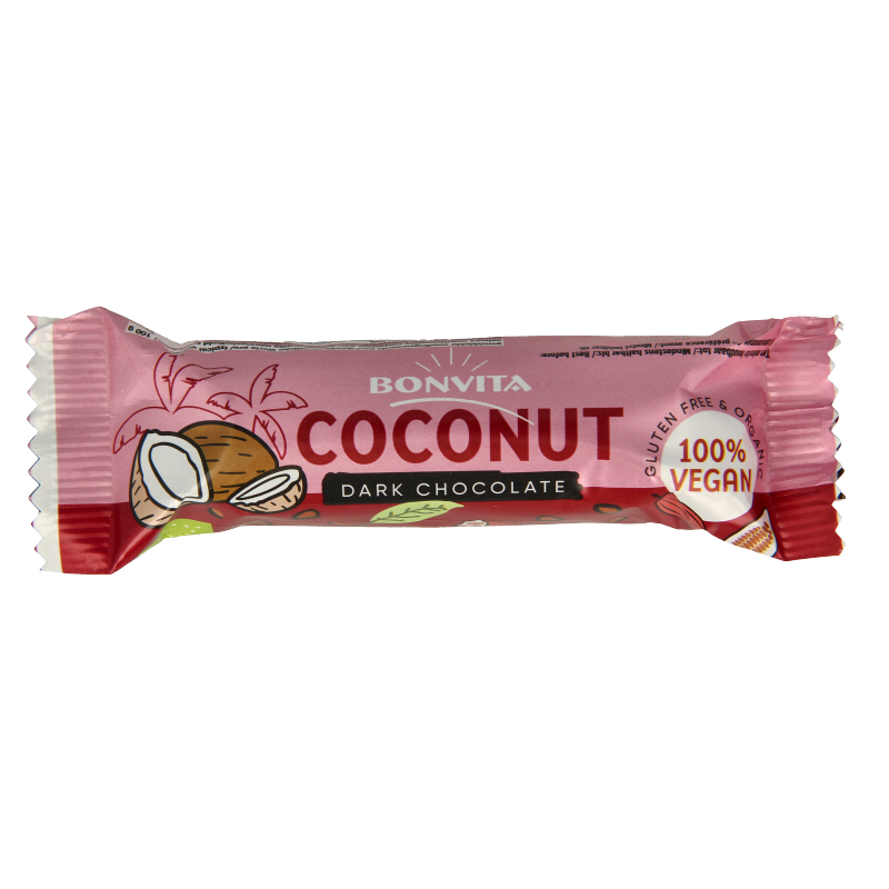Bonvita Bonbarr choco cocos bar puur bio, 40g, showing a chocolate bar with coconut filling and natural ingredients.