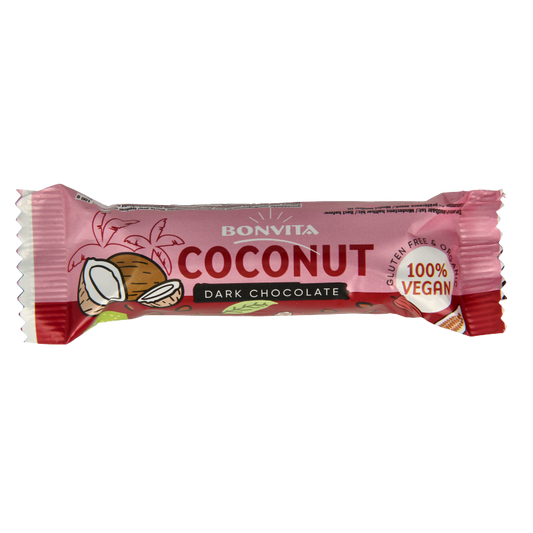 Bonvita Bonbarr choco cocos bar puur bio, 40g, showing a chocolate bar with coconut filling and natural ingredients.