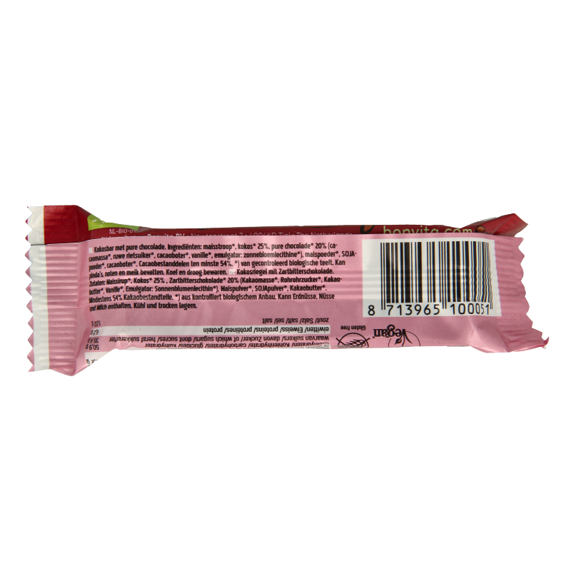 Bonvita Bonbarr choco cocos bar puur bio, 40g, showing a chocolate and coconut flavored organic chocolate bar.